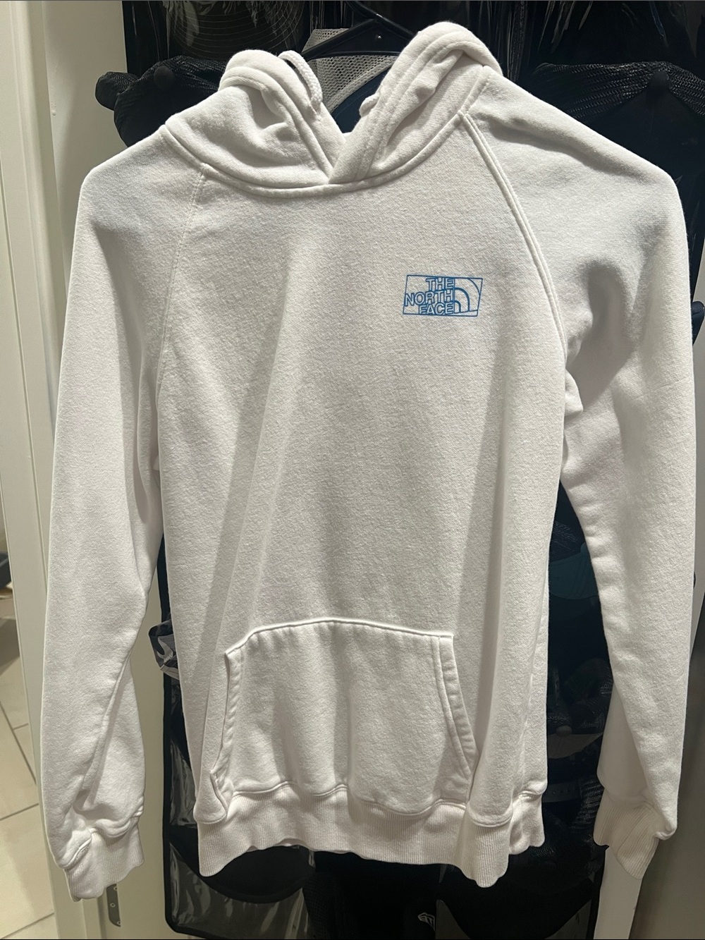 The North Face White Hoodie with Blue Logo